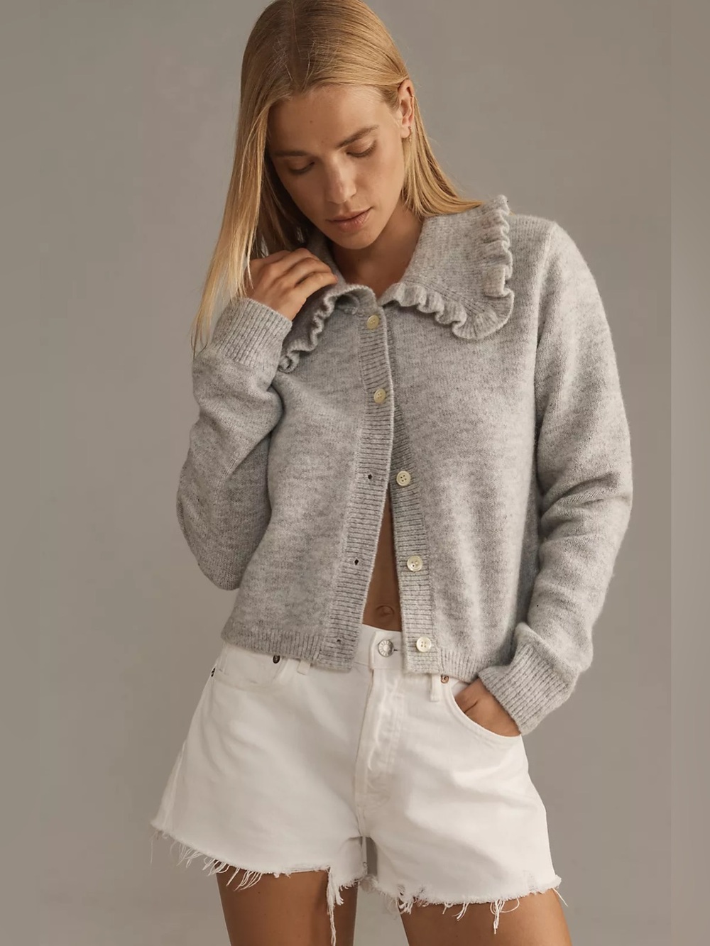 Maeve Anthropologie Self -Contrast Ainsley Ruffle Collar Cardigan